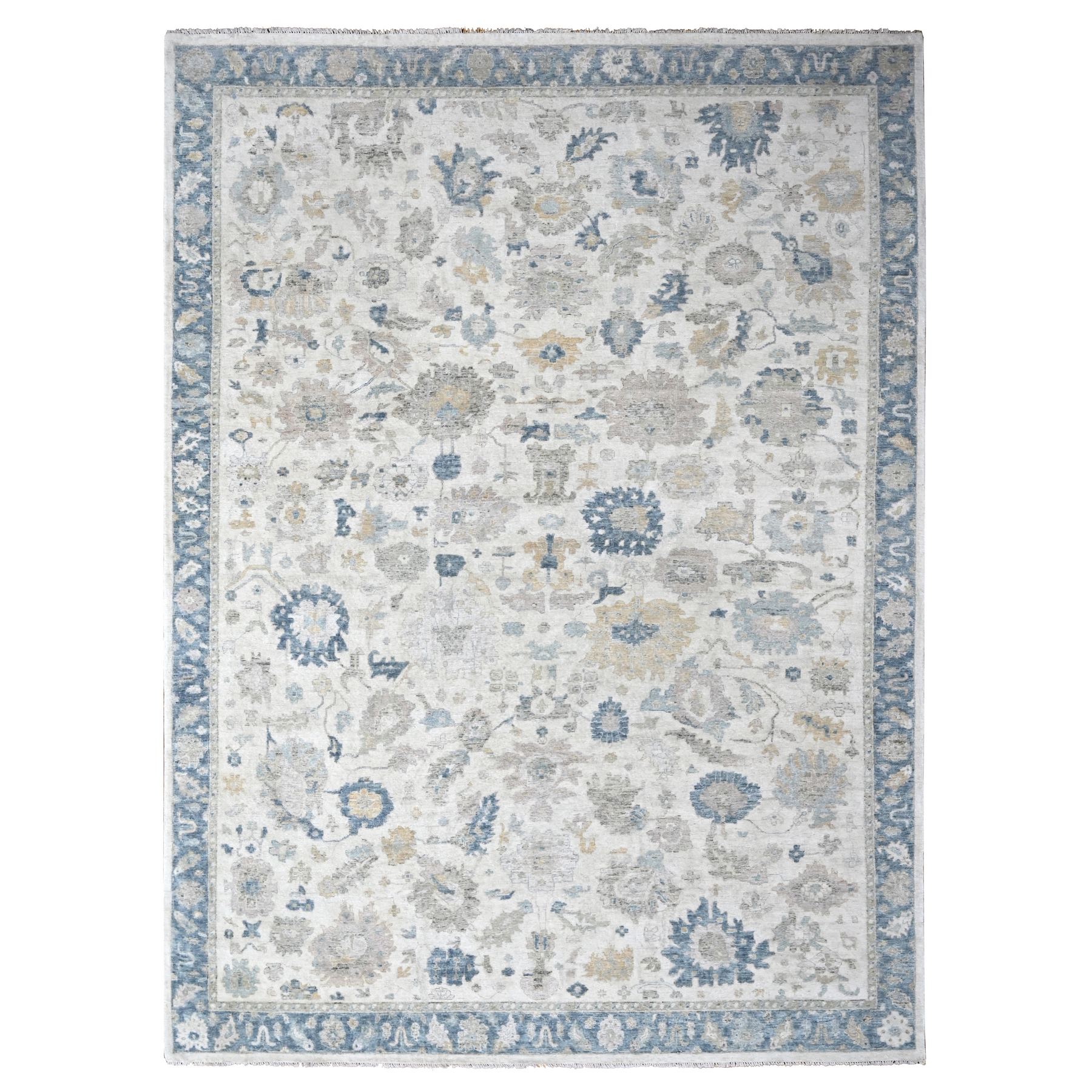 Chiffon White, Hand Knotted, Distressed, Antiqued Persian with Ziegler Mahal Design, Oxidized, Zero Pile, Shaved Low, Pure Wool, Oriental Rug
